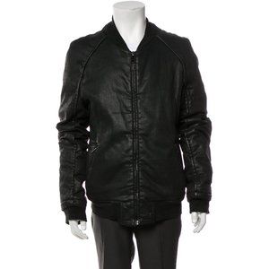 Gareth Pugh Black Leather Bomber Jacket, Rib Knit Collar, Size Large US40, IT50